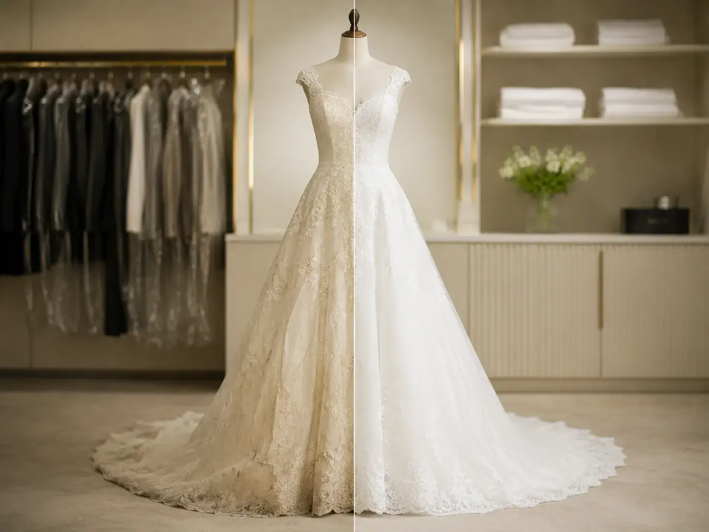 Bridal gown after cleaning and Acid Free Packaging at Foxboro Dry Cleaners