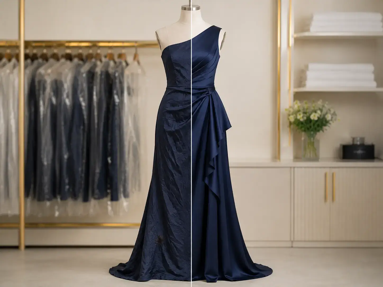 Evening gown after restoration and cleaning at Foxboro Dry Cleaners