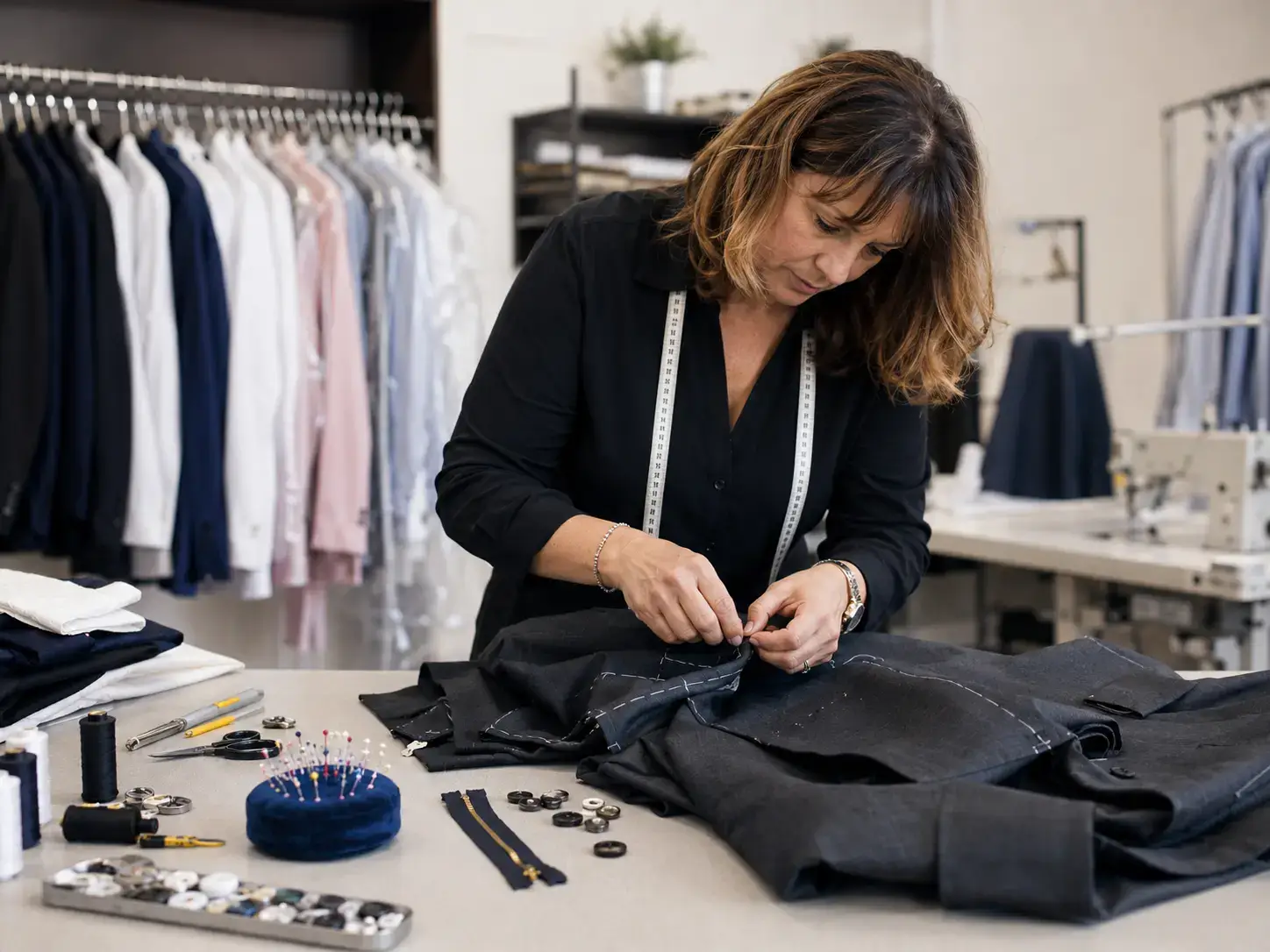 Tailor working on a garment at the Foxboro Dry Cleaners alterations bench