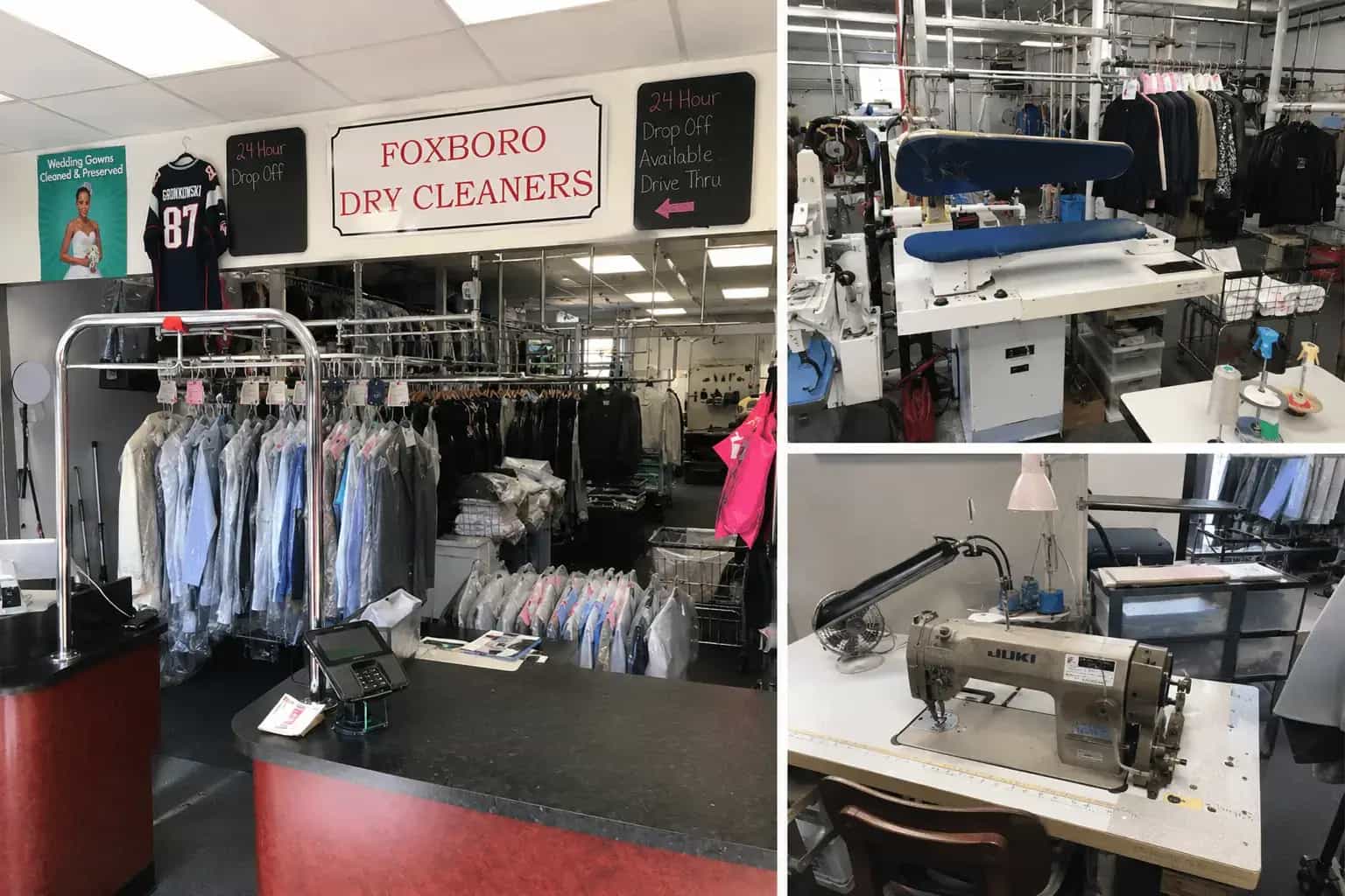 Foxboro Dry Cleaners shop interior showing service counter and garment racks