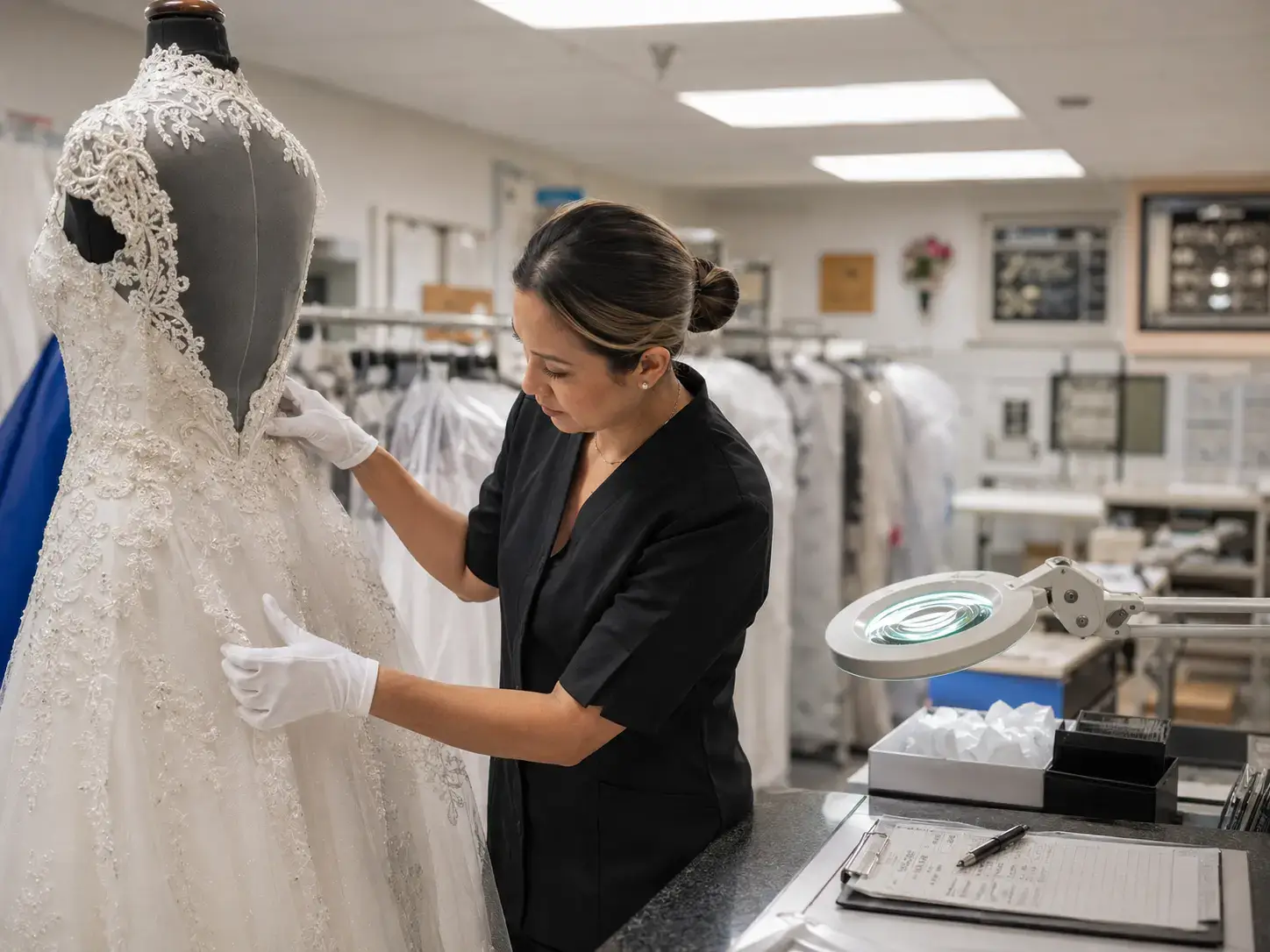 Wedding gown being inspected for cleaning and preservation at Foxboro Dry Cleaners
