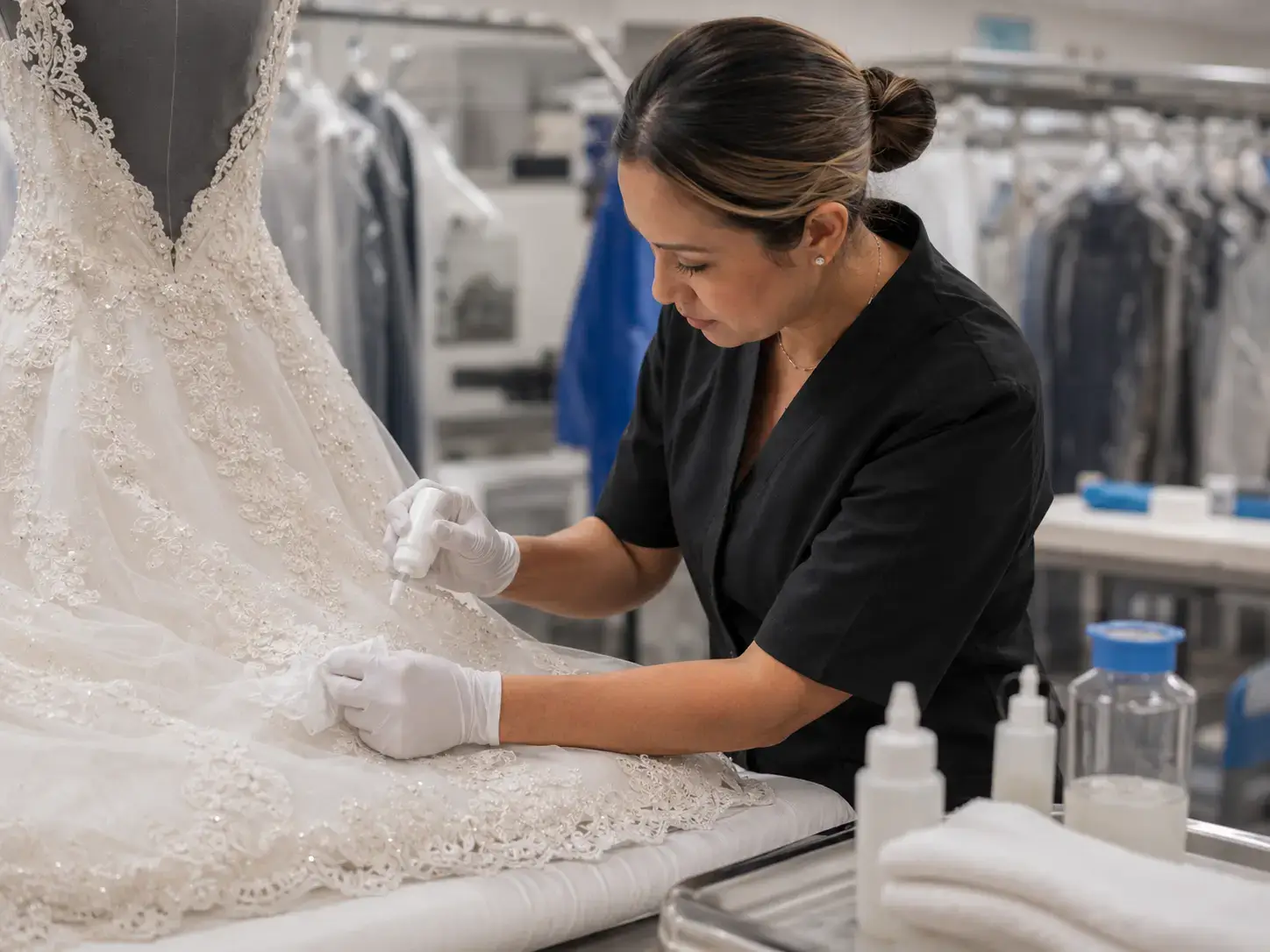 Foxboro Dry Cleaners specialist treating lace and fabric stains on a wedding gown